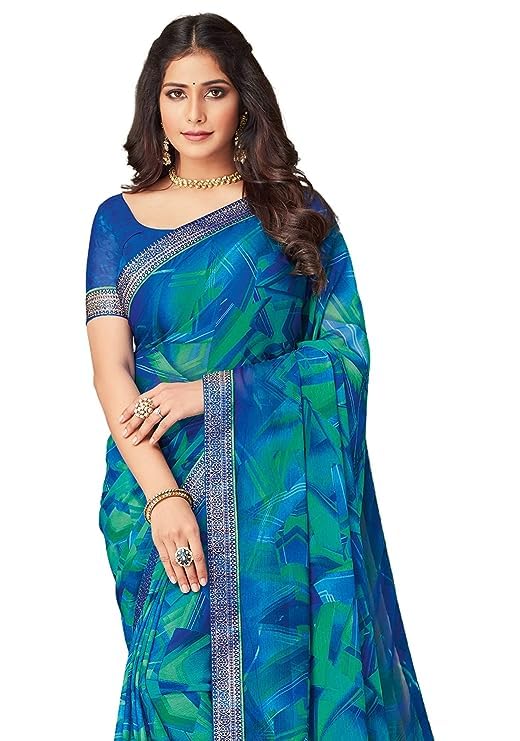 SIRIL Women's Lace & Printed Chiffon Saree with Blouse(2206S934_Blue & Multi)