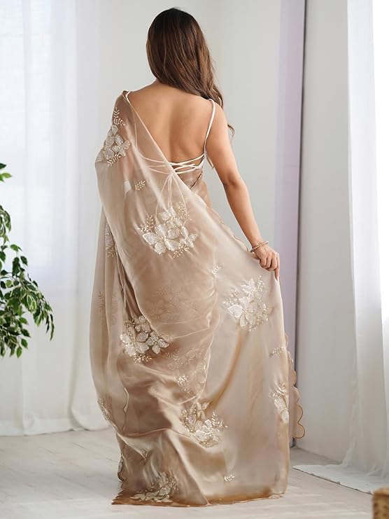 Flosive Women's Shimmer Organza Sequence Embroidery Saree With Unstitched Blouse Piece (CREAM)