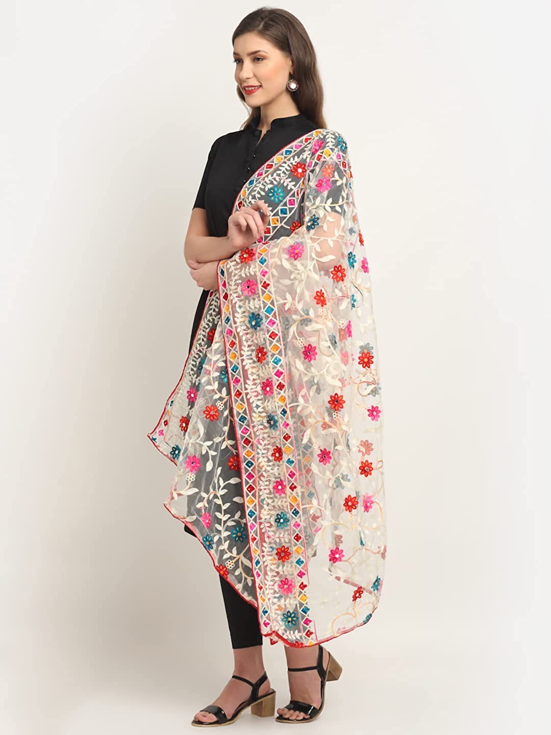 Glamika White Colour Net Embroidered Fancy Phulkari Dupatta for women (White, 2.2 meters)