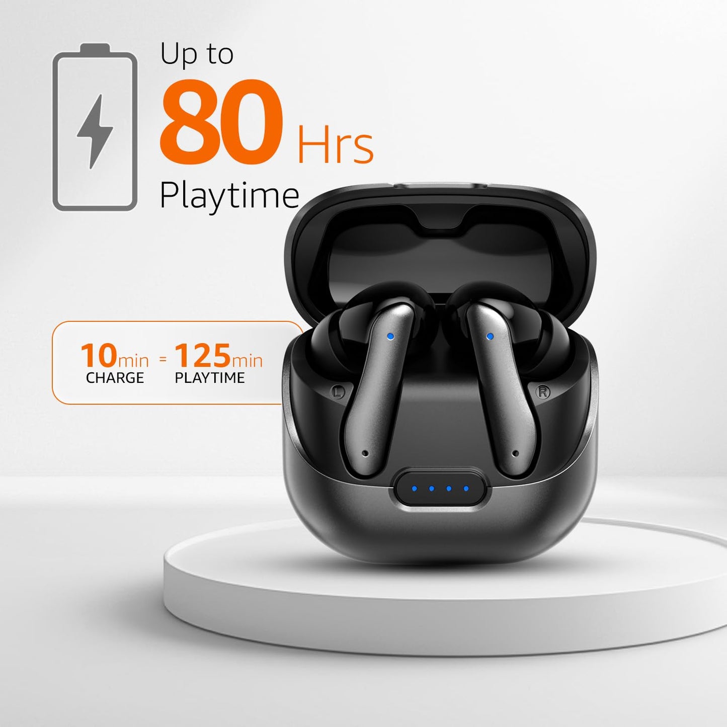 amazon basics TWS in-Ear Earbuds (AB-T01B) with Fast Charging up to 80 Hours of Playtime | Dual 10mm Driver | IPX4 Water-Resistance | Bluetooth 5.3 | Charging Case with Mic | Touch Control (Grey)