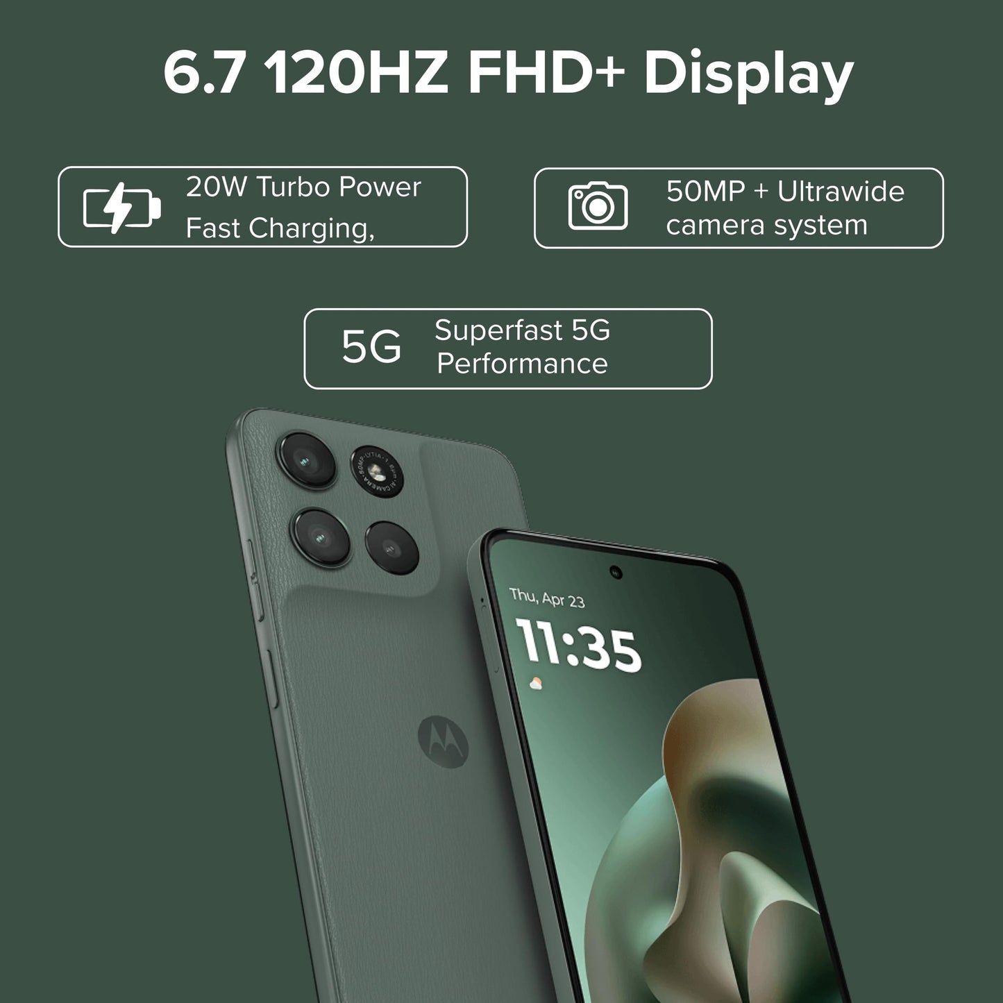 Motorola G67 Power 5G (Pantone Cilantro, 8GB RAM, 128GB Storage) | 6.7" FHD+ 120Hz LCD Display | Snapdragon 7s Gen2 Processor | 50MP + 8MP UW Camera | 7000mAh Battery with 30W Charger | IP64