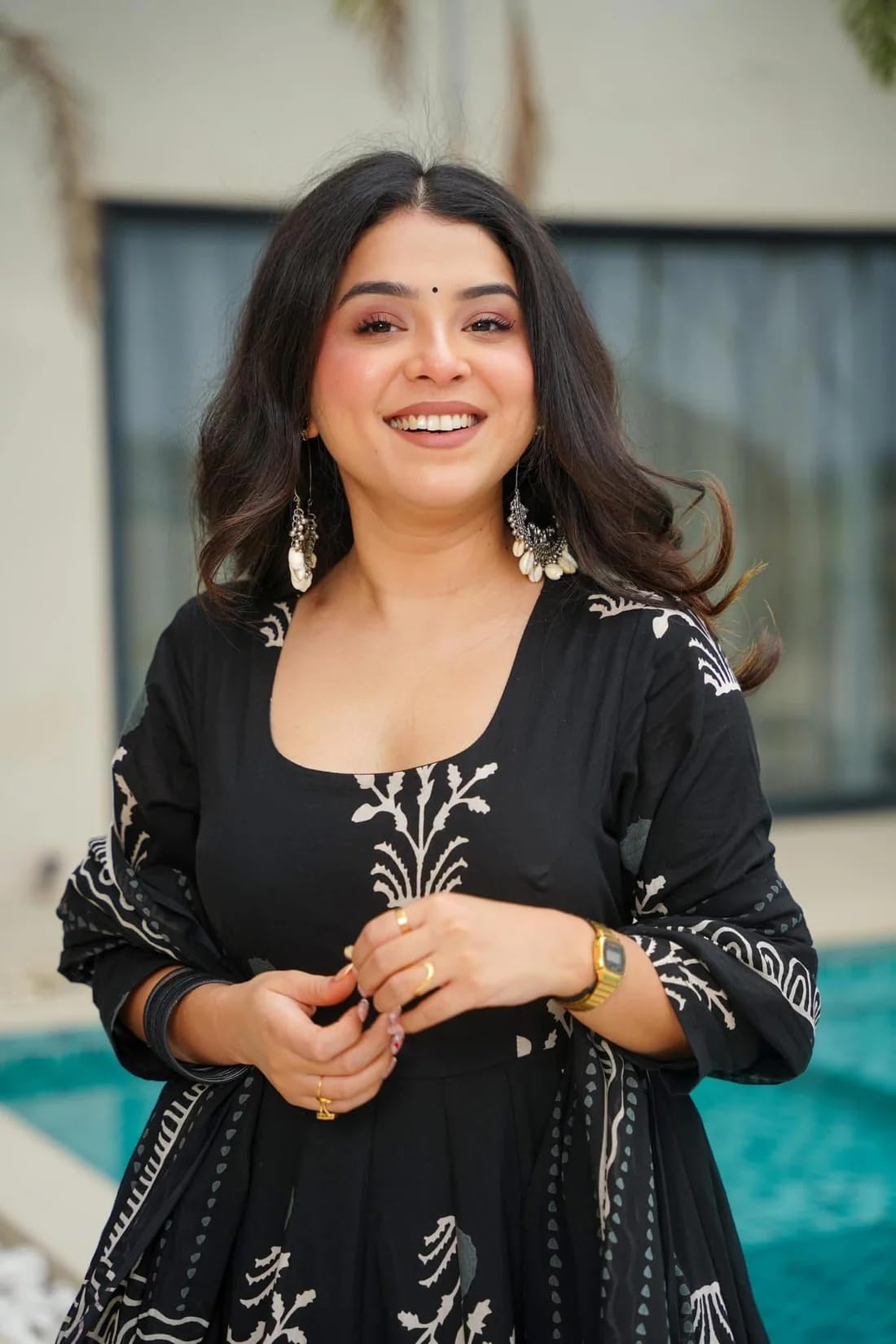 KLOSIA Women Printed Anarkali Kurta and Pant with Dupatta Set (in, Alpha, XL, Black)