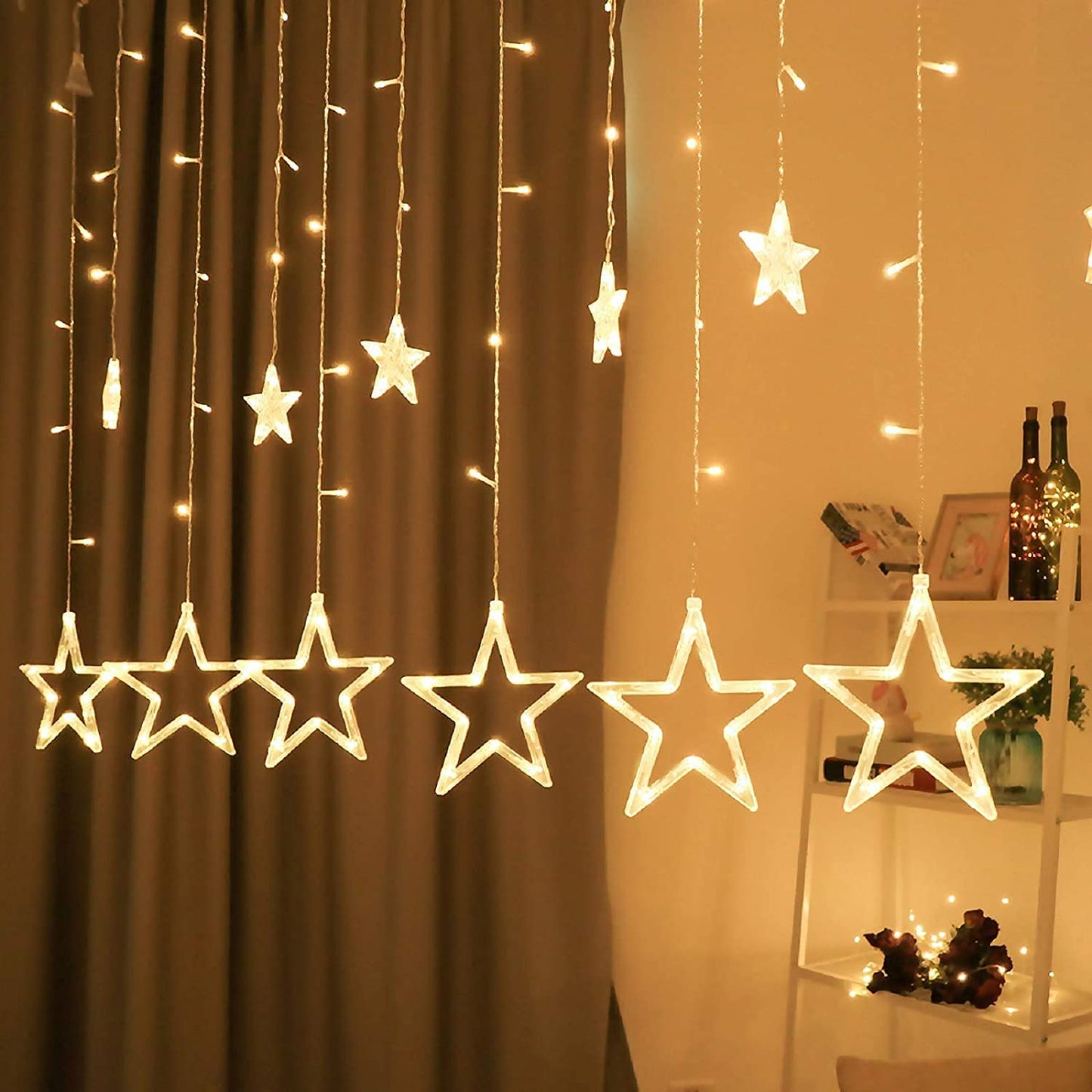 Quace 12 Stars Curtain String Lights, Window Curtain Lights with 8 Flashing Modes Decoration for Christmas, Wedding, Party, Home, Patio Lawn, Warm White - Warm White