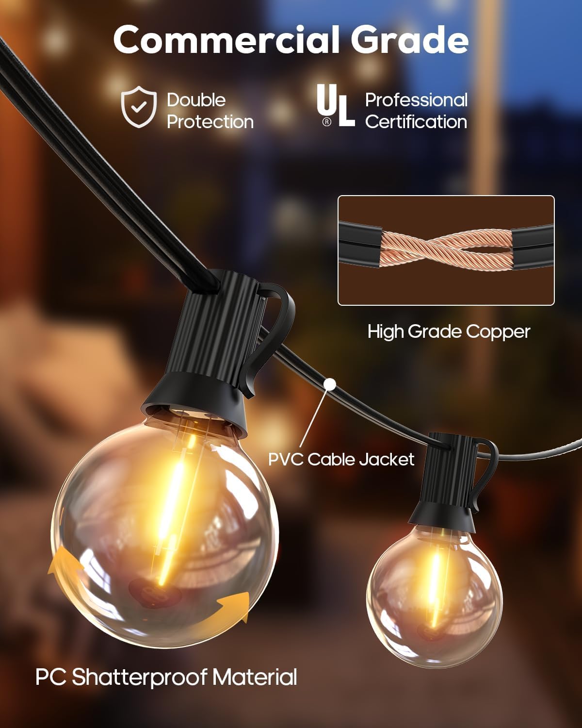 LITVERSE String Lights for Outside 25 FT, Outdoor Lights for Patio with 25 + 1 Shatterproof LED Edison Bulbs, G40 Waterproof Connectable Hanging Lights for Backyard Bistro Party Balcony b