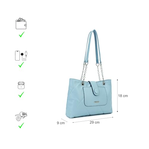 Fastrack Powder Blue Quilted Shoulder Bag for Women | Faux Leather Carry with Metal-Detail Strap, Zipper Closure & Utility Pockets | Stylish Everyday Bag for Work, College & Casual Outings