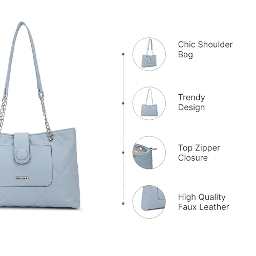 Fastrack Powder Blue Quilted Shoulder Bag for Women | Faux Leather Carry with Metal-Detail Strap, Zipper Closure & Utility Pockets | Stylish Everyday Bag for Work, College & Casual Outings