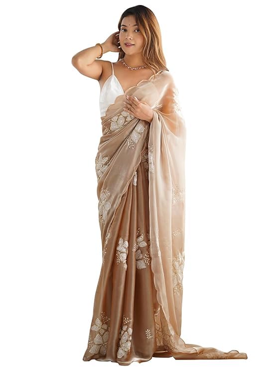 Flosive Women's Shimmer Organza Sequence Embroidery Saree With Unstitched Blouse Piece (CREAM)