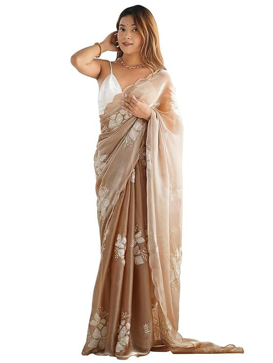 Flosive Women's Shimmer Organza Sequence Embroidery Saree With Unstitched Blouse Piece (CREAM)