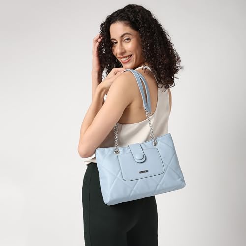 Fastrack Powder Blue Quilted Shoulder Bag for Women | Faux Leather Carry with Metal-Detail Strap, Zipper Closure & Utility Pockets | Stylish Everyday Bag for Work, College & Casual Outings