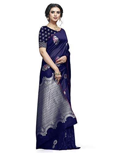 Shiv Textiles Women's Banarasi Silk Saree (ZM01 Navy Blue_Dark)