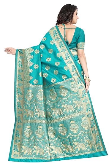 C J Enterprise Women's Pure Kanjivaram Soft Silk Saree Banarasi Design Wear Pattu Sarees Latest Party Cotton Sari collections With Blouse Piece for Wedding sadi new ladies 2025 (Pari9016-51) (Firozi)