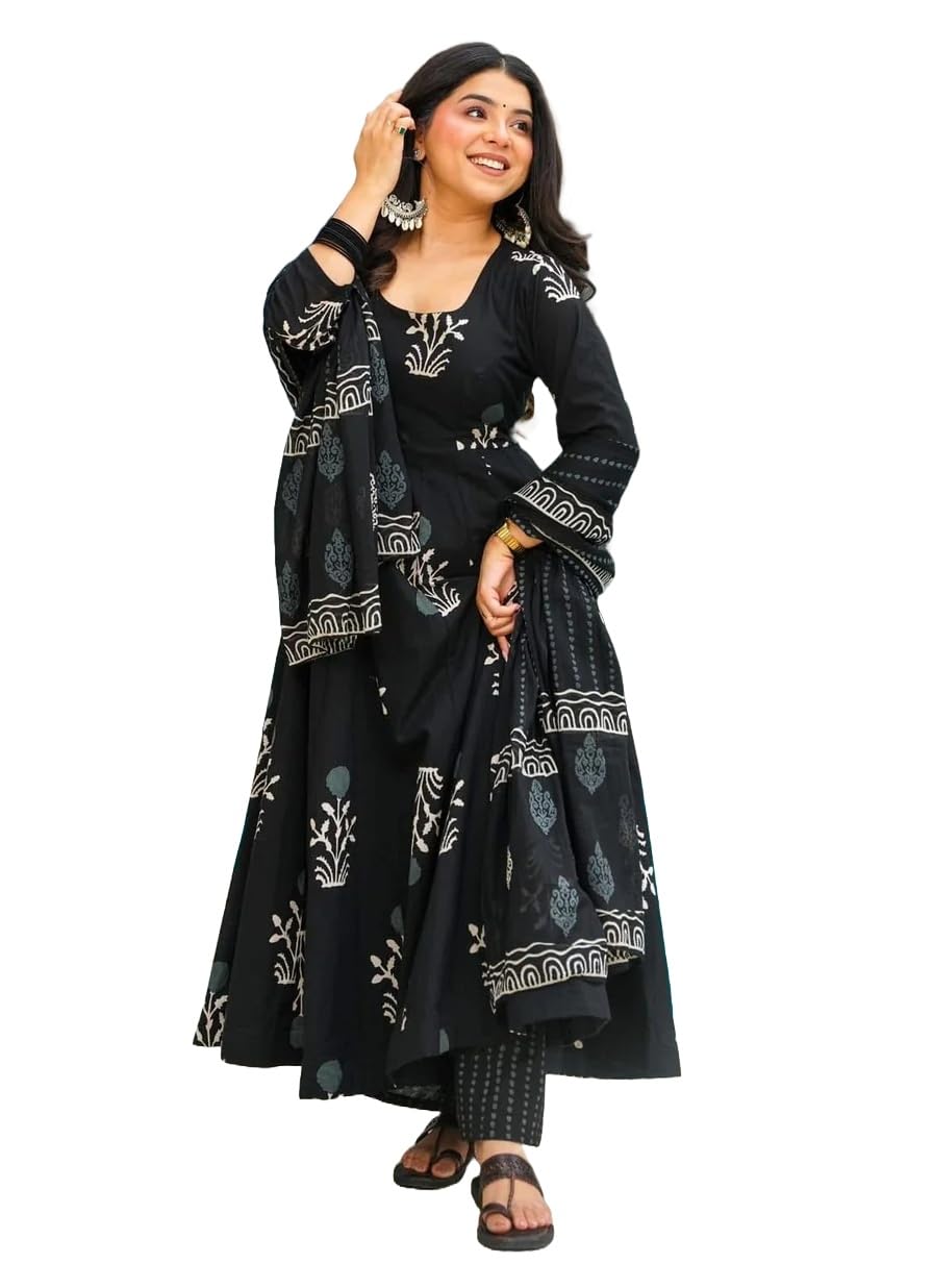 KLOSIA Women Printed Anarkali Kurta and Pant with Dupatta Set (in, Alpha, XL, Black)