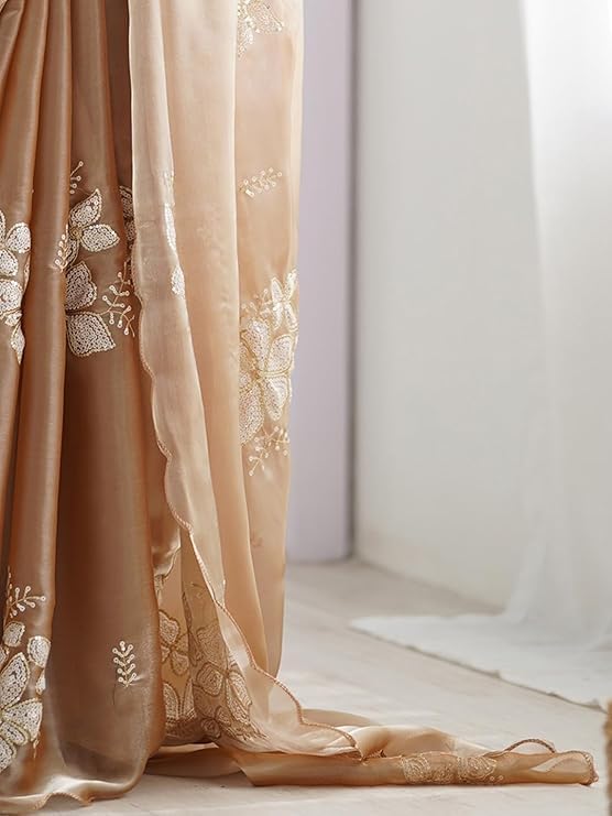 Flosive Women's Shimmer Organza Sequence Embroidery Saree With Unstitched Blouse Piece (CREAM)