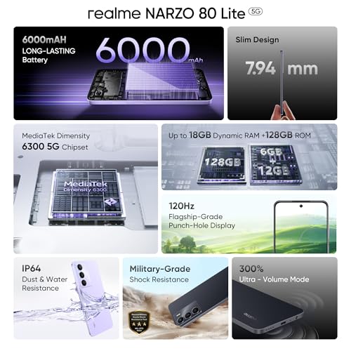 realme NARZO 80 Lite 5G (Onyx Black, 4GB+128GB) | 6000mAh Long-Lasting Battery | MediaTek Dimensity 6300 5G | AI Assist | IP64 Rated Water & Dust Resistance | Military-Grade Durability