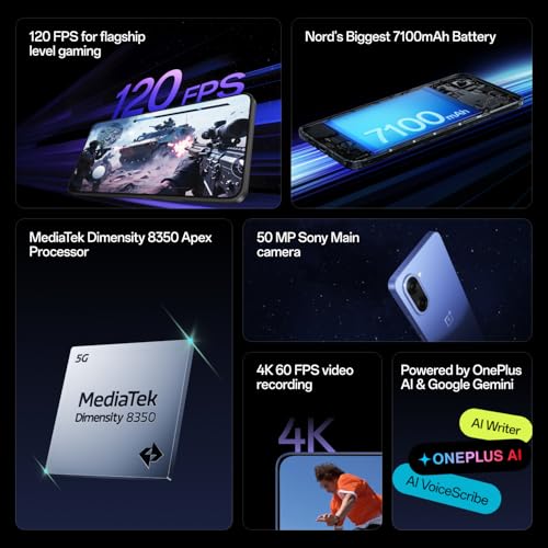 OnePlus Nord CE5 | MediaTek Dimensity | Massive 7100mAh Battery | Powered by OnePlus AI | 8GB + 128GB | Nexus Blue