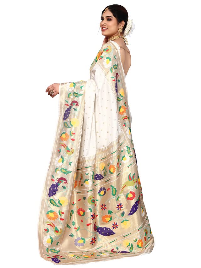 SIRIL Women's Paithani Soft Silk Saree with Unstitched Blouse Piece (2909S5286_White, Gold)