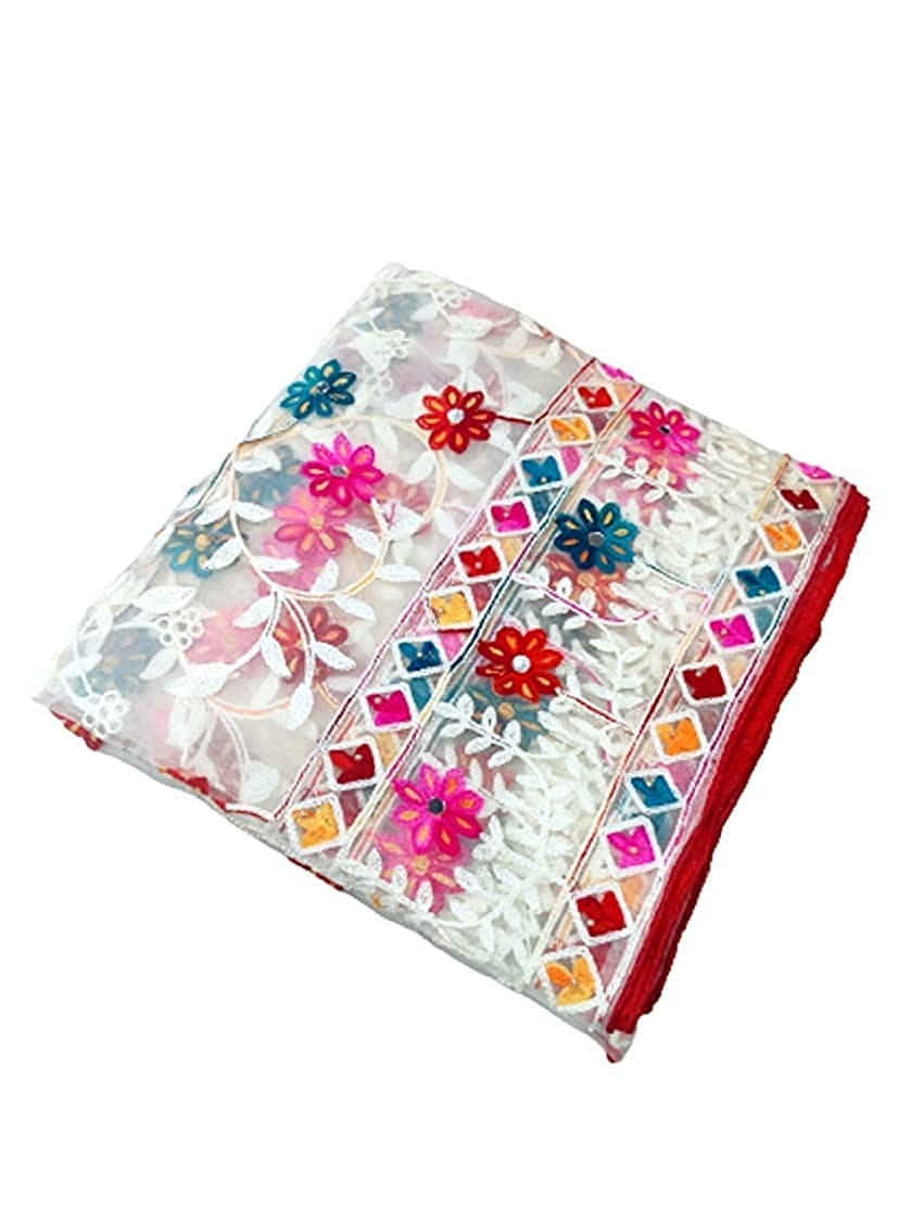 Glamika White Colour Net Embroidered Fancy Phulkari Dupatta for women (White, 2.2 meters)