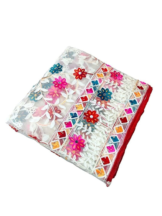 Glamika White Colour Net Embroidered Fancy Phulkari Dupatta for women (White, 2.2 meters)