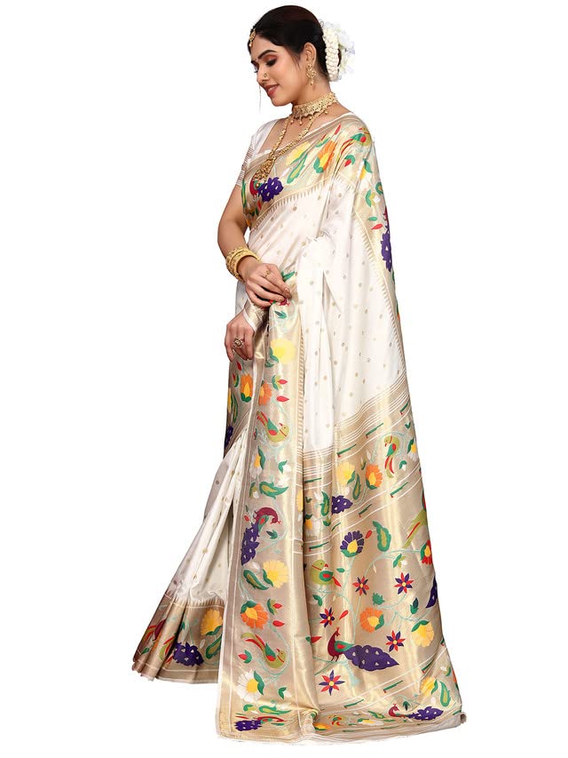 SIRIL Women's Paithani Soft Silk Saree with Unstitched Blouse Piece (2909S5286_White, Gold)
