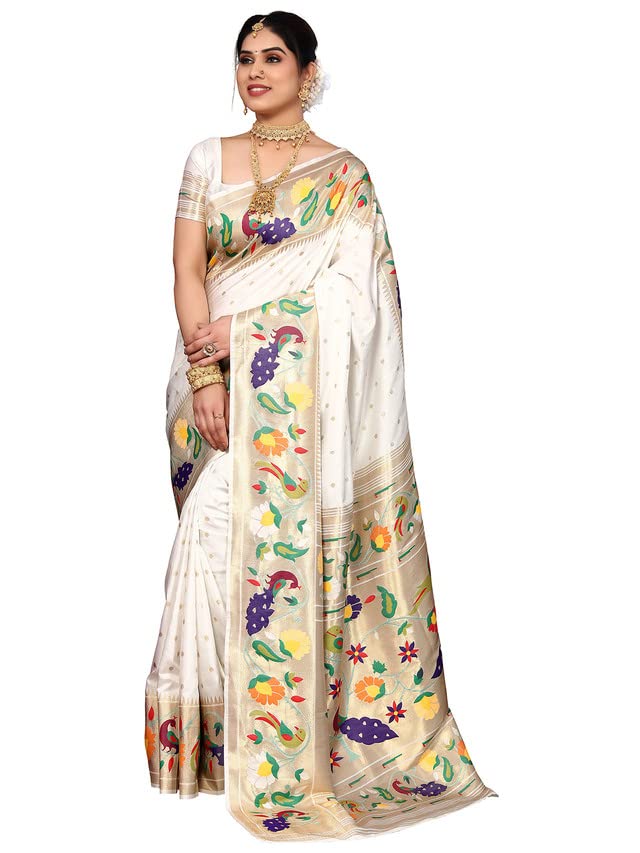 SIRIL Women's Paithani Soft Silk Saree with Unstitched Blouse Piece (2909S5286_White, Gold)