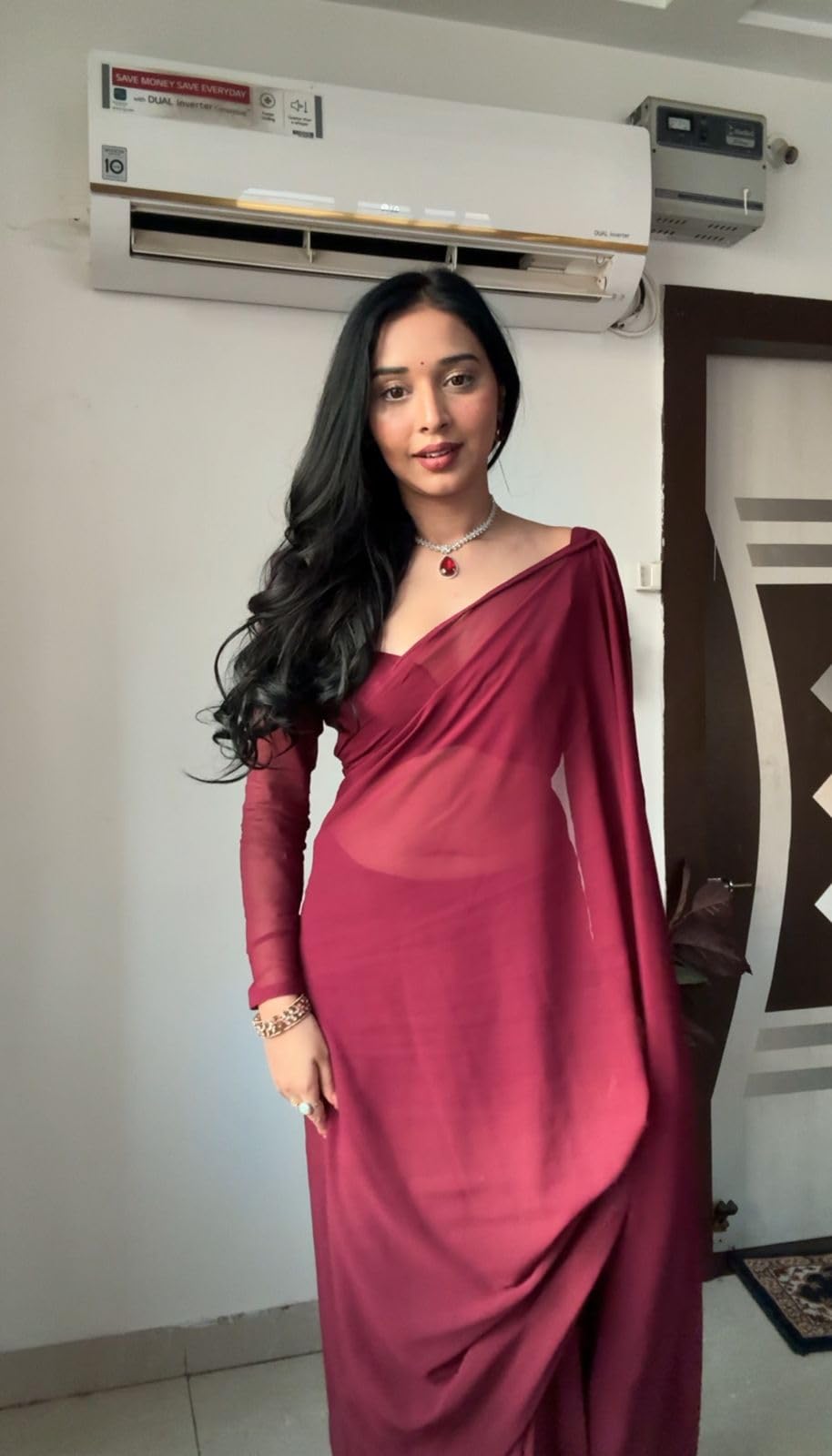 StyleScope Women's Plain Georgette Ready To Wear One Minute Saree With Unstitched Blouse Piece (Kalki Maroon_Maroon_Free Size)