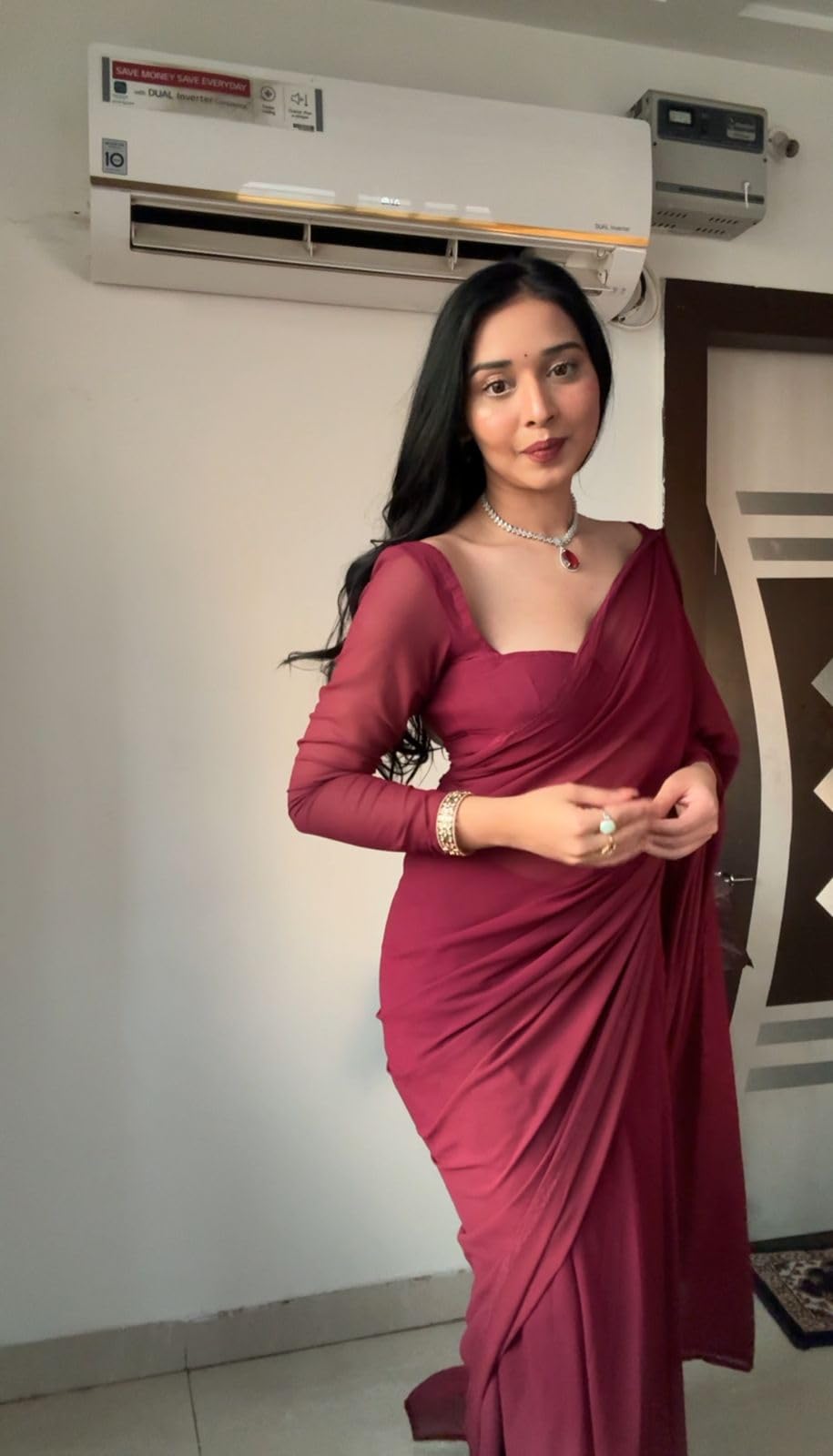 StyleScope Women's Plain Georgette Ready To Wear One Minute Saree With Unstitched Blouse Piece (Kalki Maroon_Maroon_Free Size)