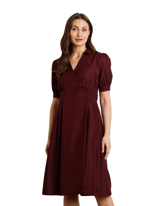 Symbol Premium Women's Polyester Fit and Flare Midi Dress (SBP-SS24-WDR-607_Wine_XL)