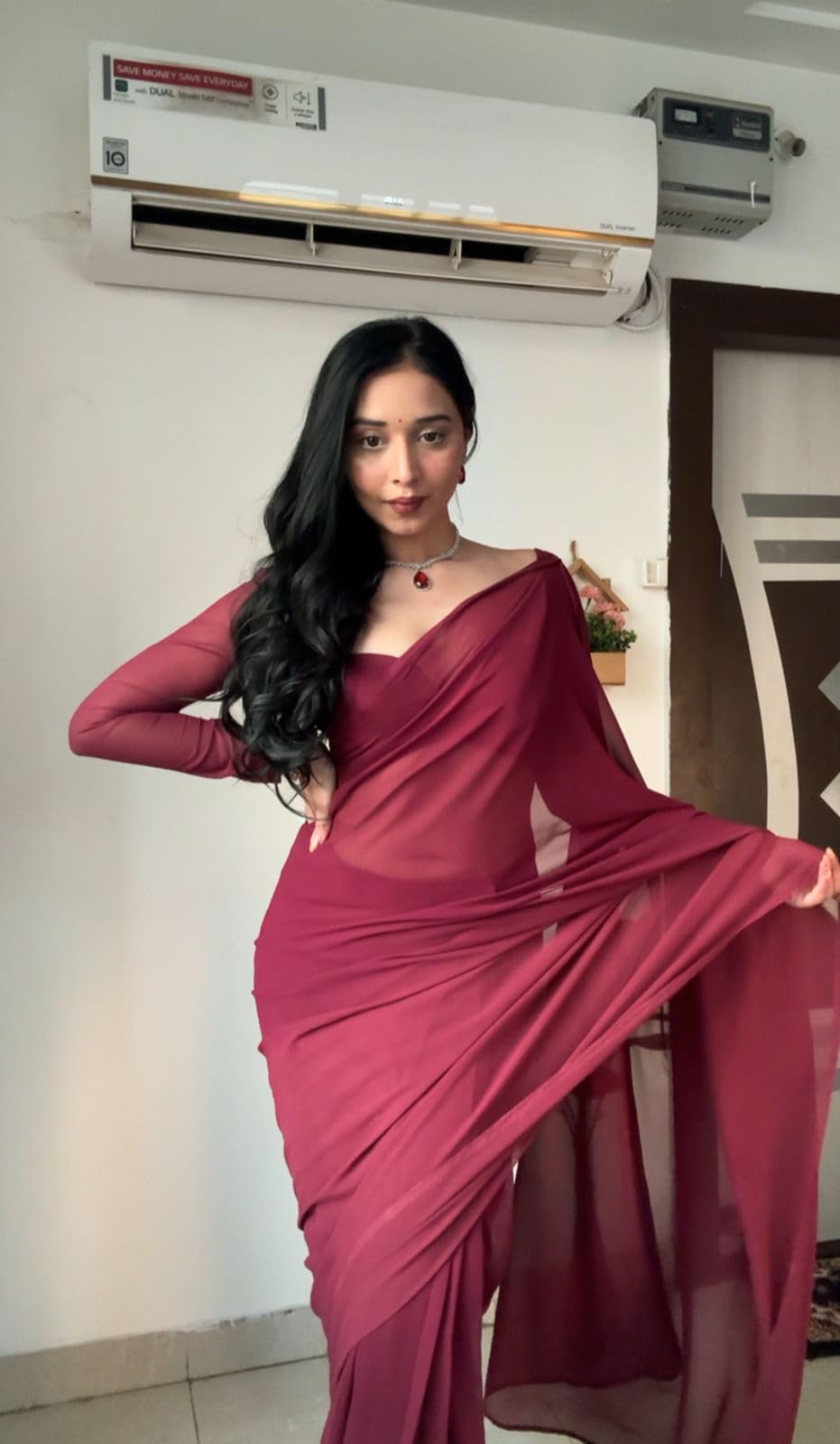 StyleScope Women's Plain Georgette Ready To Wear One Minute Saree With Unstitched Blouse Piece (Kalki Maroon_Maroon_Free Size)