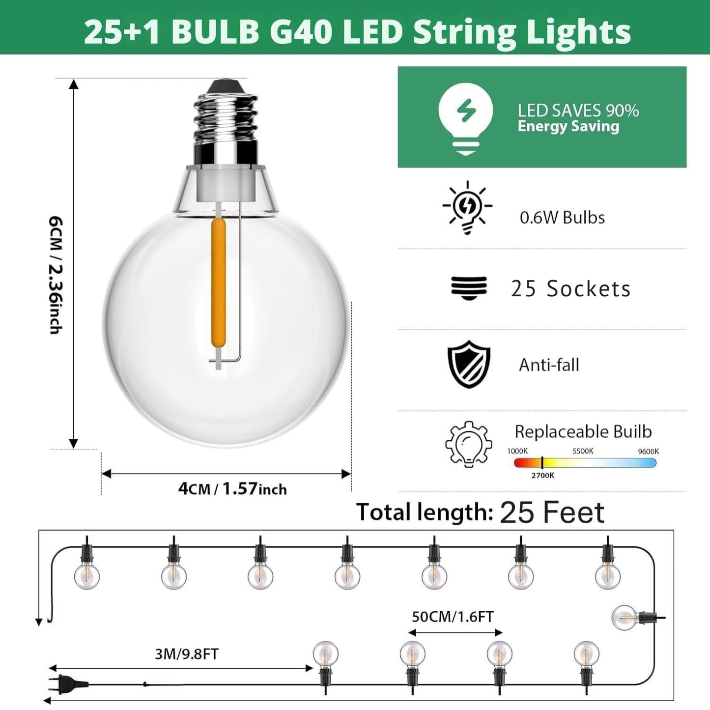 LITVERSE String Lights for Outside 25 FT, Outdoor Lights for Patio with 25 + 1 Shatterproof LED Edison Bulbs, G40 Waterproof Connectable Hanging Lights for Backyard Bistro Party Balcony b