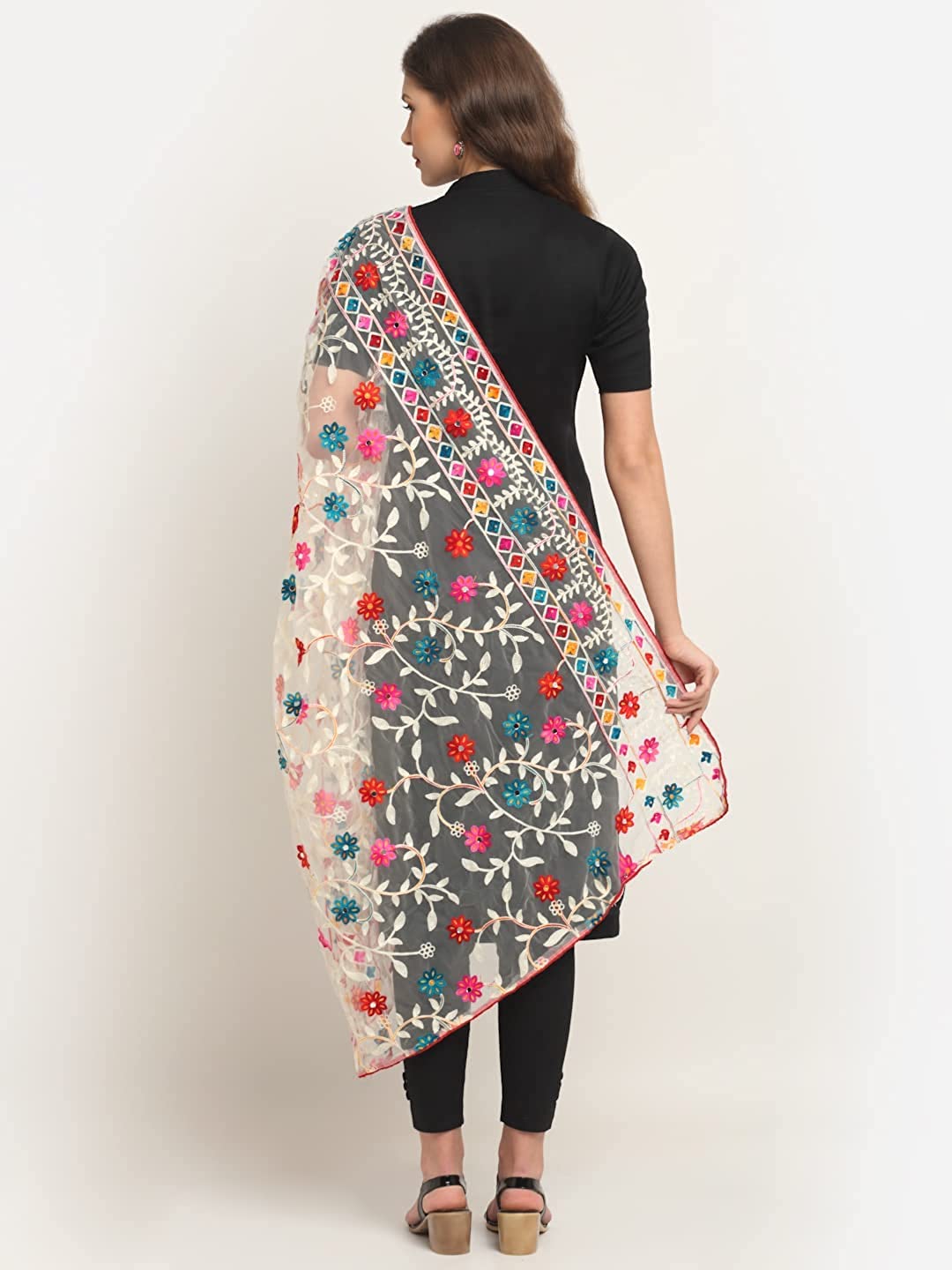 Glamika White Colour Net Embroidered Fancy Phulkari Dupatta for women (White, 2.2 meters)