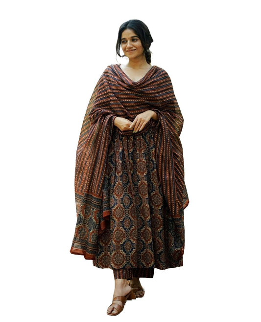 KLOSIA Women Printed Flared A-Line Kurta with Pant and Dupatta Suit Set | Kurta Set (XX-Large) Brown