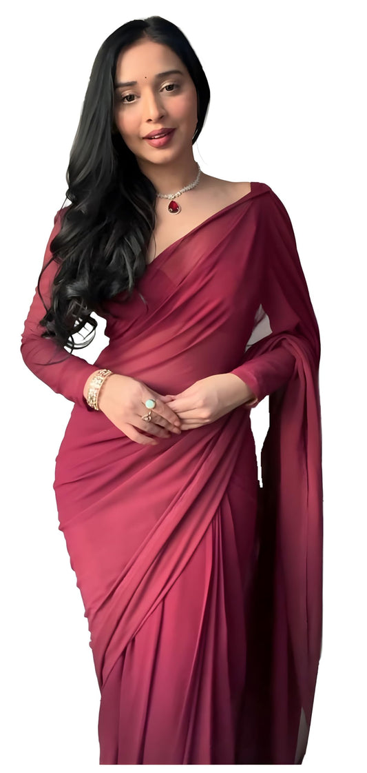 StyleScope Women's Plain Georgette Ready To Wear One Minute Saree With Unstitched Blouse Piece (Kalki Maroon_Maroon_Free Size)
