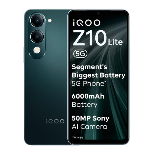 iQOO Z10 Lite 5G (Cyber Green, 4GB RAM, 128GB Storage) | 6000 mAh Battery | Dimensity 6300 5G Processor with 433K+* AnTuTu Score | IP64 Rated & Military Grade Shock-Resistance*