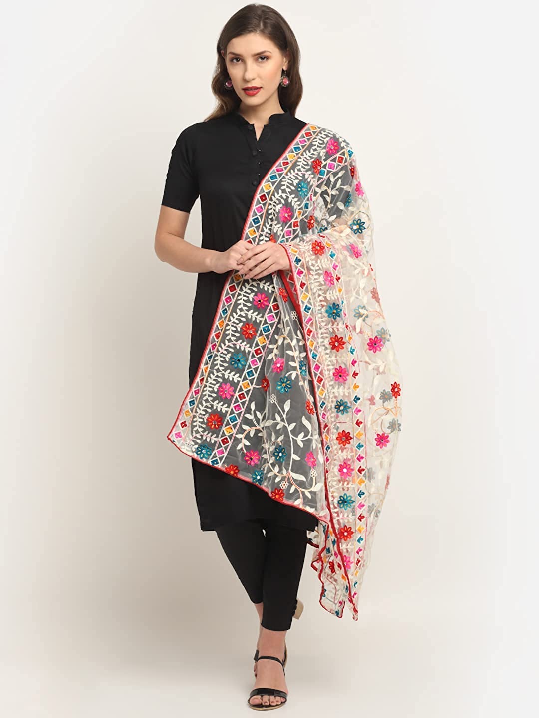 Glamika White Colour Net Embroidered Fancy Phulkari Dupatta for women (White, 2.2 meters)