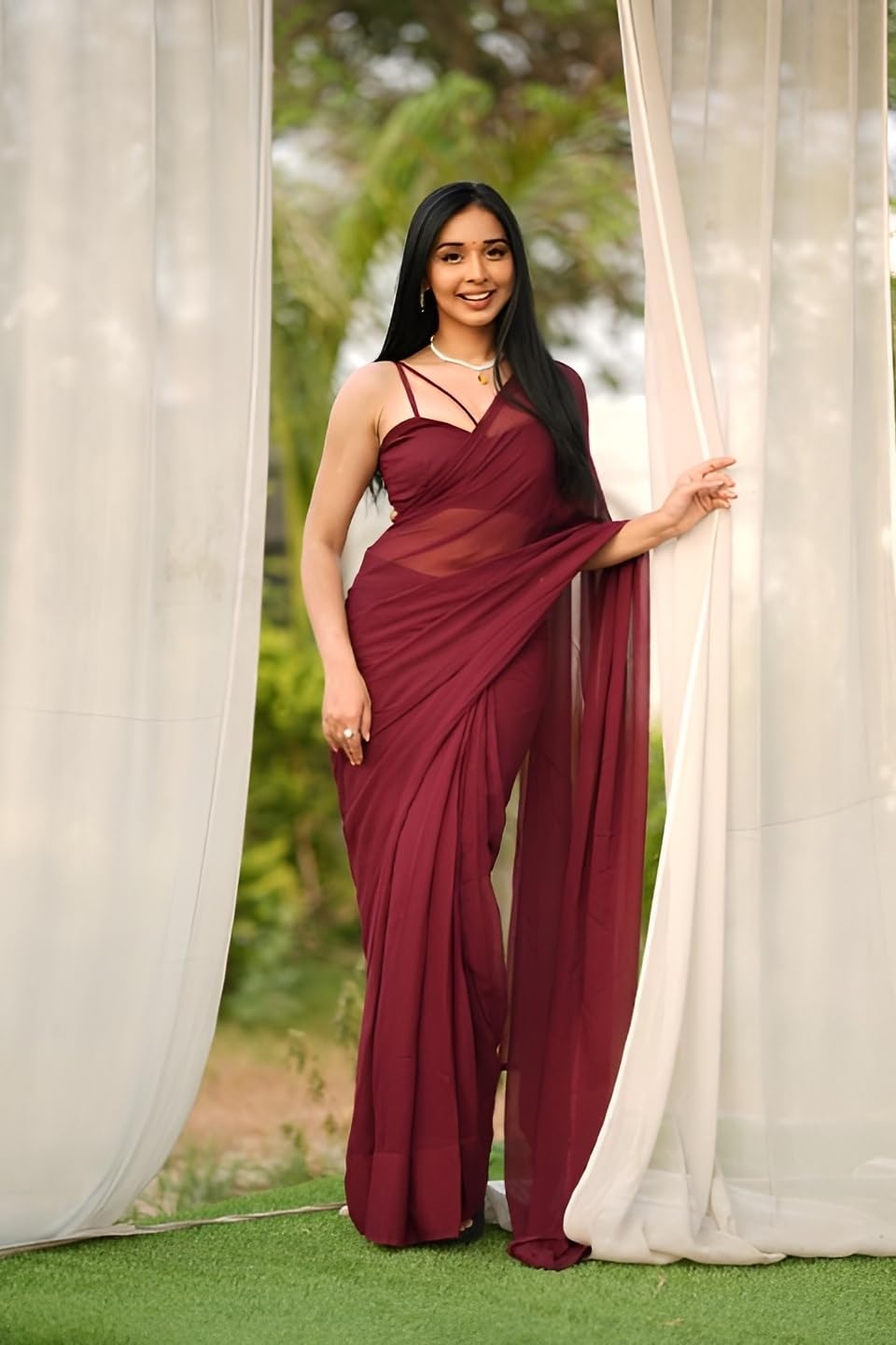 StyleScope Women's Plain Georgette Ready To Wear One Minute Saree With Unstitched Blouse Piece (Kalki Maroon_Maroon_Free Size)