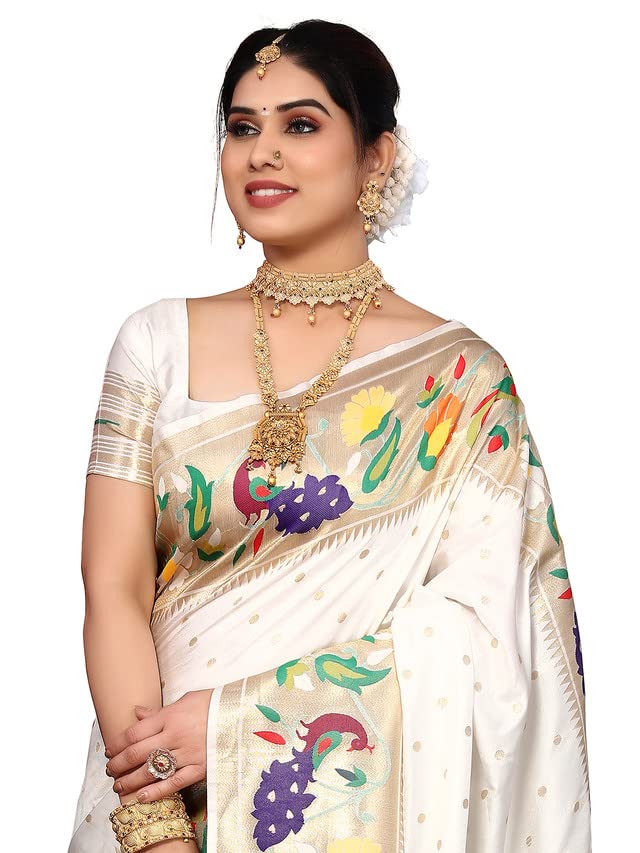 SIRIL Women's Paithani Soft Silk Saree with Unstitched Blouse Piece (2909S5286_White, Gold)