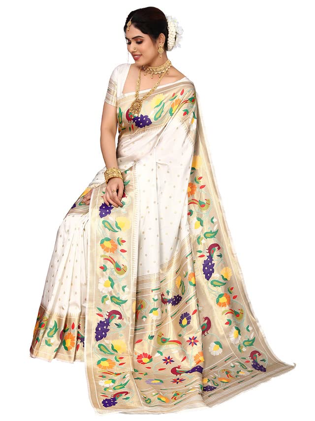 SIRIL Women's Paithani Soft Silk Saree with Unstitched Blouse Piece (2909S5286_White, Gold)