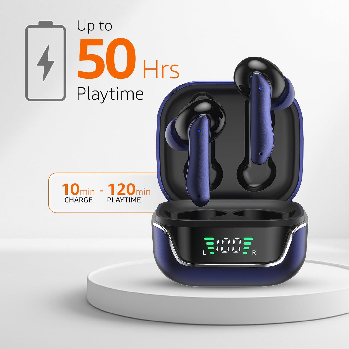 amazon basics TWS in-Ear Earbuds (AB-T01A) with Fast Charging up to 50 Hours of Playtime | Dual 10mm Driver | IPX4 Water-Resistance | Bluetooth 5.3 | Charging Case with Mic | Touch Control (Blue)