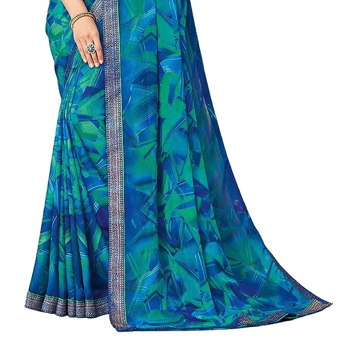 SIRIL Women's Lace & Printed Chiffon Saree with Blouse(2206S934_Blue & Multi)