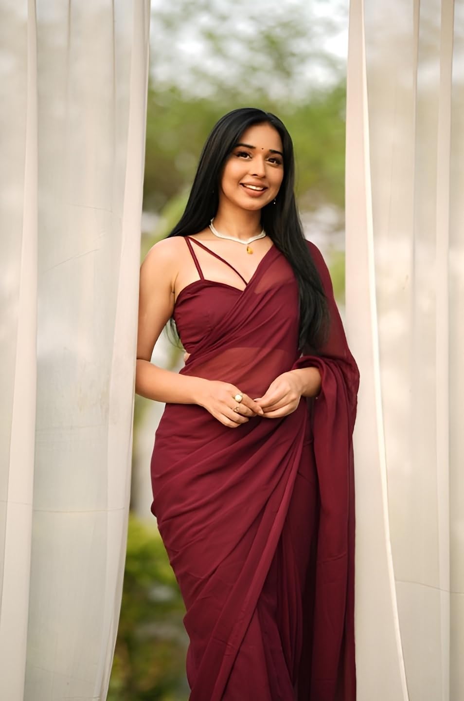 StyleScope Women's Plain Georgette Ready To Wear One Minute Saree With Unstitched Blouse Piece (Kalki Maroon_Maroon_Free Size)