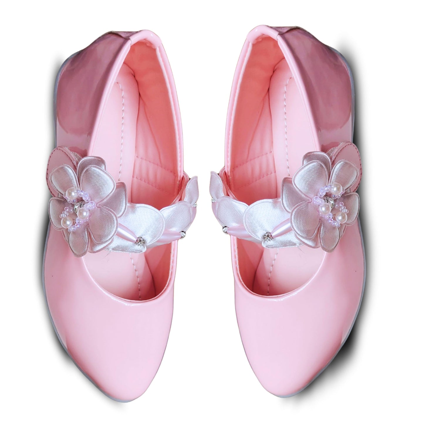 TrendStation:- Girls' Patent Mary Jane Shoes with Floral Embellishment, Attractive Colour's, Pearl Flower Welcro Bellies |DMND-3| (Pink, UK Footwear Size System, Toddler, Numeric, Medium, 2)