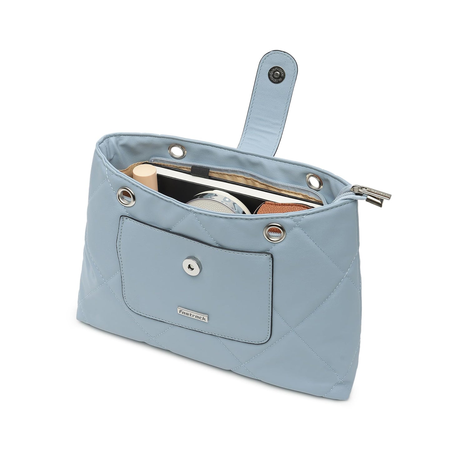 Fastrack Powder Blue Quilted Shoulder Bag for Women | Faux Leather Carry with Metal-Detail Strap, Zipper Closure & Utility Pockets | Stylish Everyday Bag for Work, College & Casual Outings