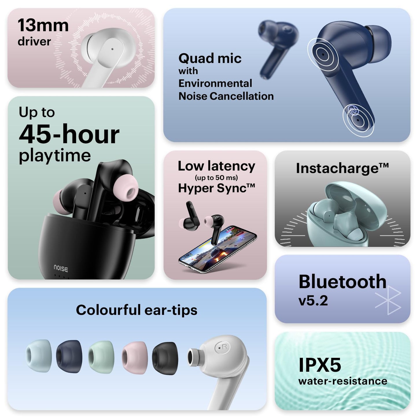 Noise Buds VS104 Truly Wireless Earbuds with 45H of Playtime, Quad Mic with ENC, Instacharge(10 Min=200 Min), 13Mm Driver, Low Latency, BT V5.2 (Mint Green)