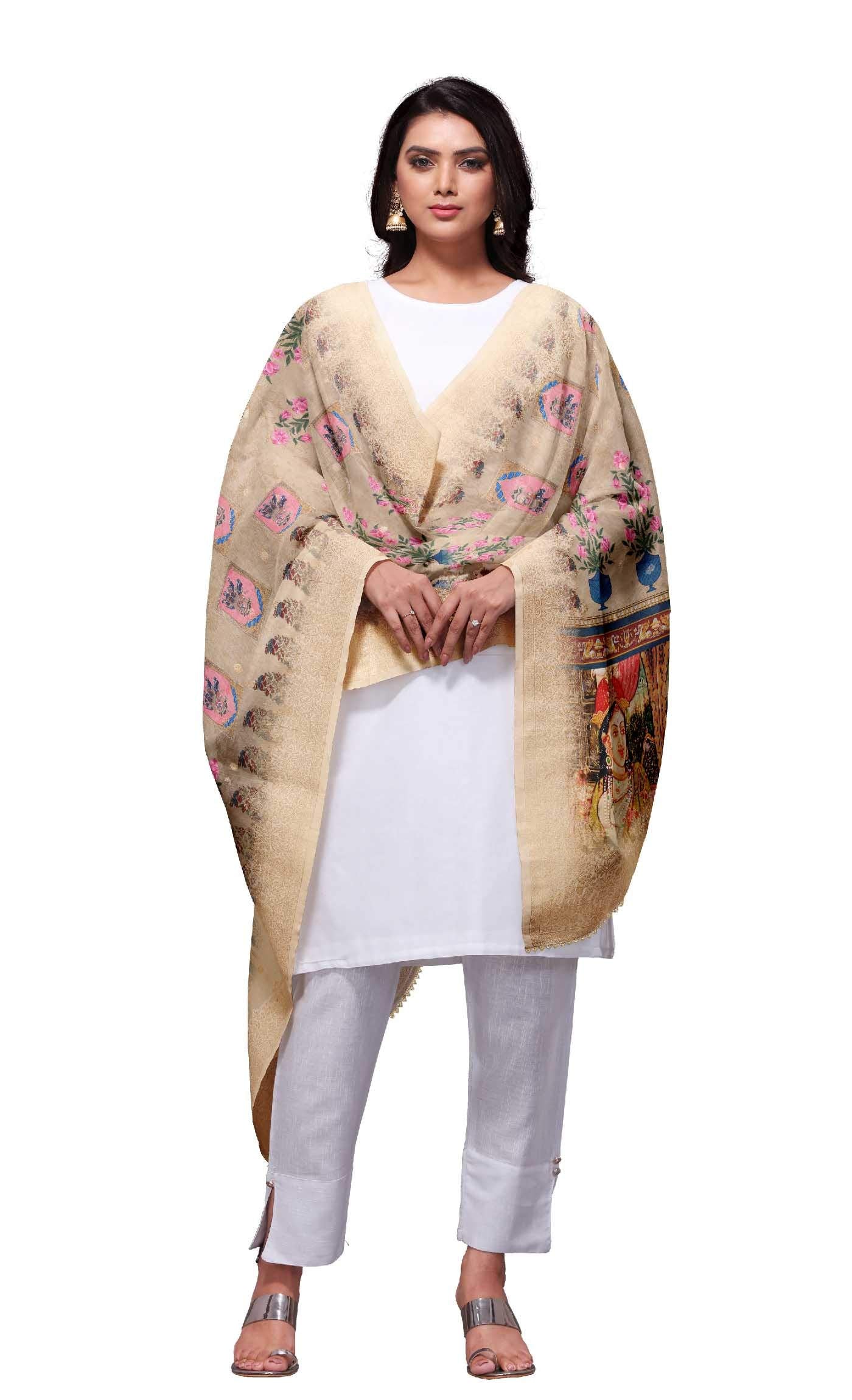 SAMEEHA Women's Printed Silk Cotton Dupatta (SMDP-3114_Beige_Free Size)