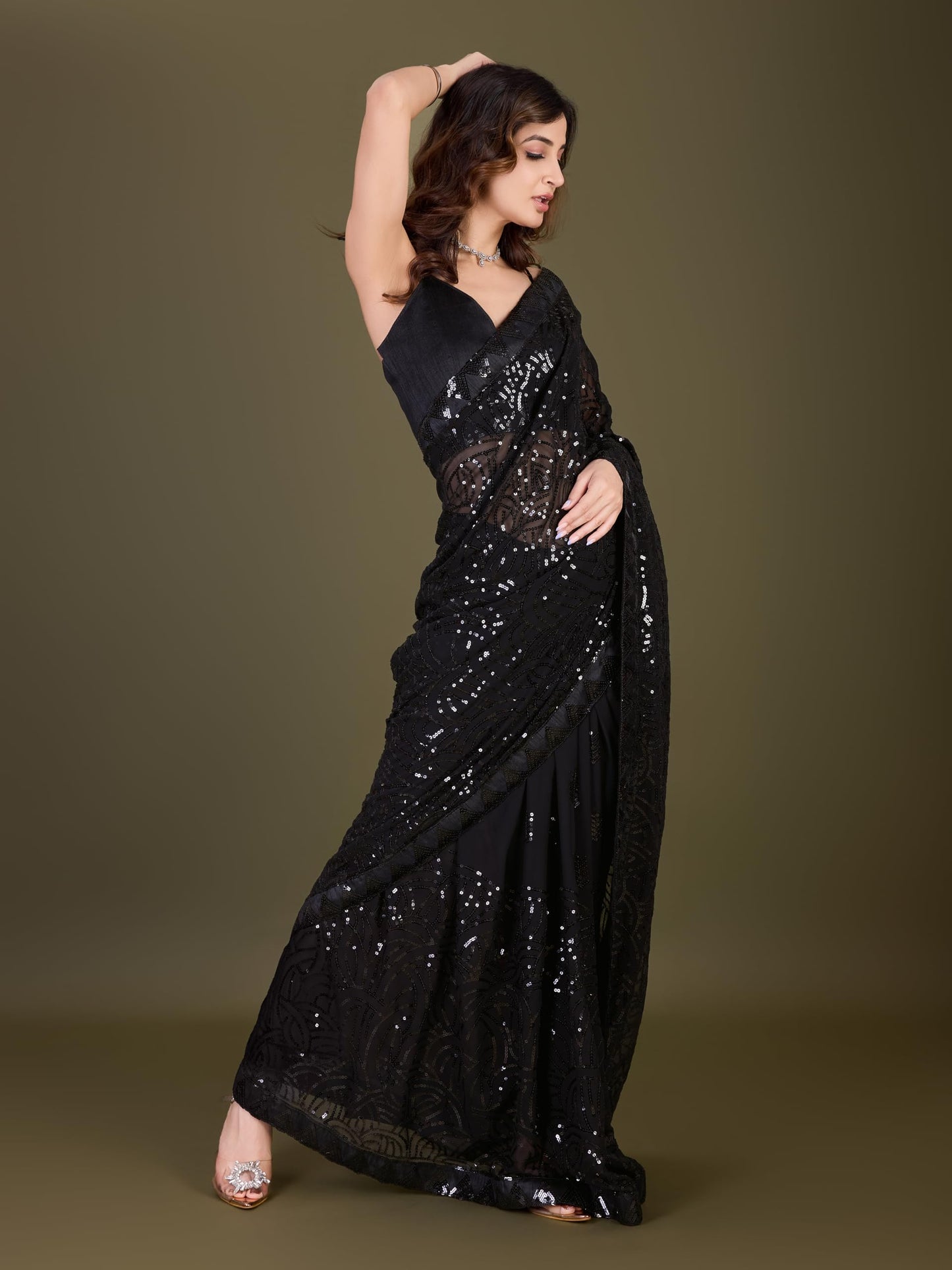 TRENDMALLS Women's Georgette Sequence Embroidery WorkSaree with Blouse Piece (1009-Black-)