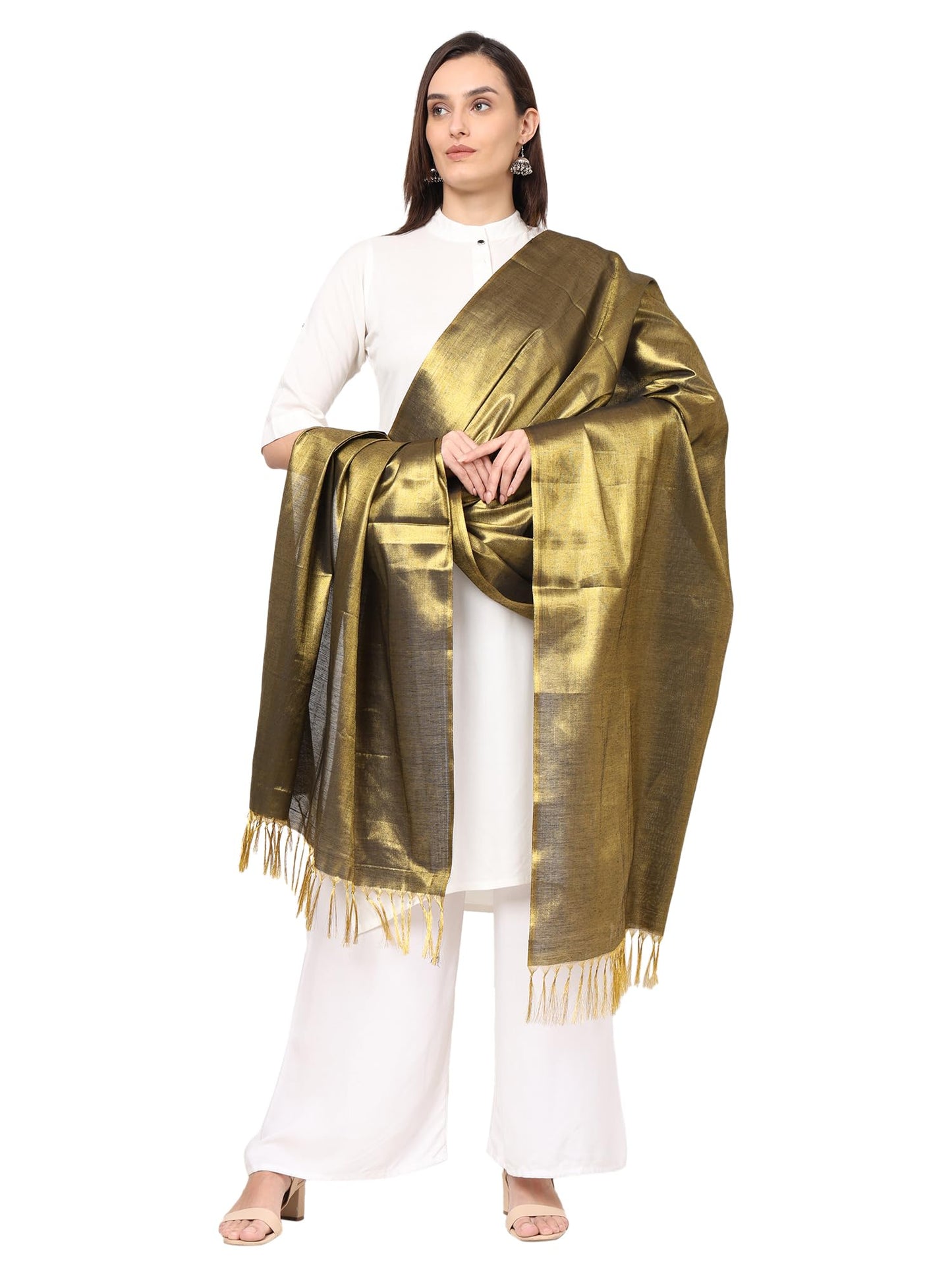 Fashily Women's Soild Silk Plain Dupatta | Shiny Jari Dupatta | Length 2.25m (Golden Black), Free Size