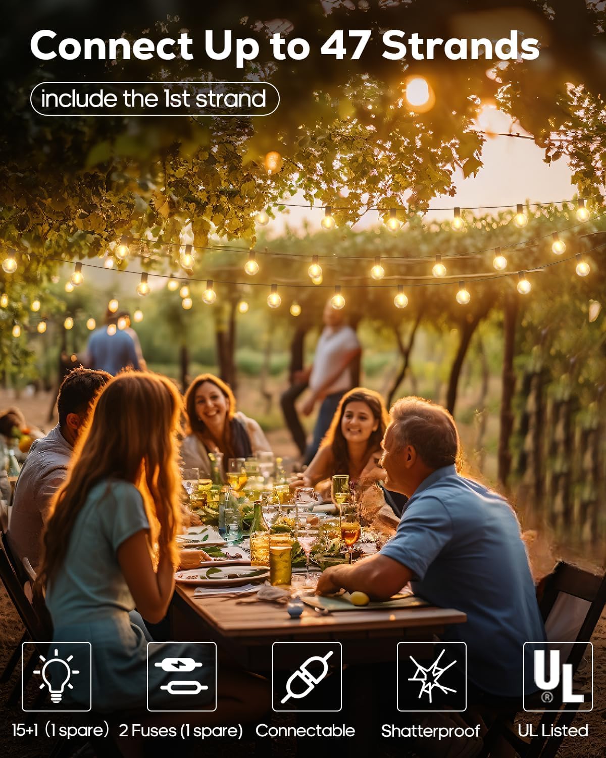 LITVERSE String Lights for Outside 25 FT, Outdoor Lights for Patio with 25 + 1 Shatterproof LED Edison Bulbs, G40 Waterproof Connectable Hanging Lights for Backyard Bistro Party Balcony b