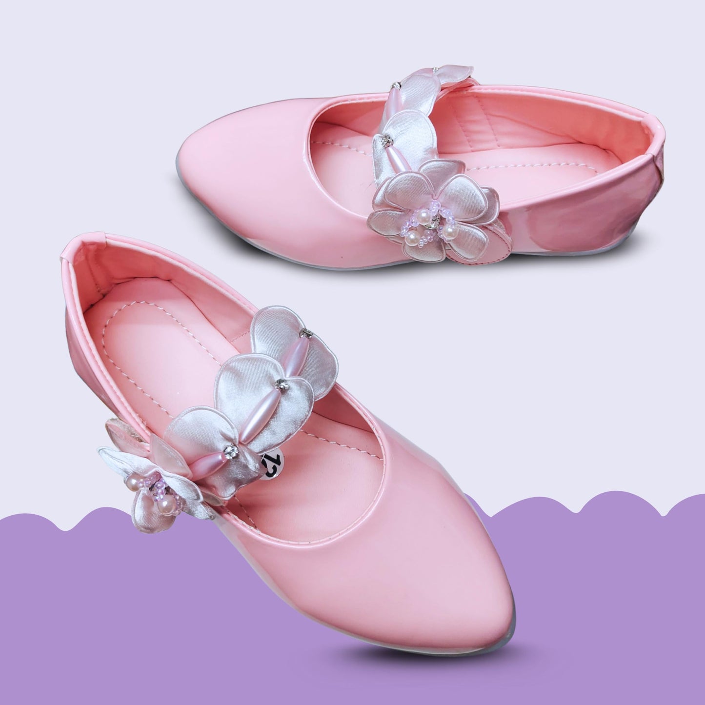 TrendStation:- Girls' Patent Mary Jane Shoes with Floral Embellishment, Attractive Colour's, Pearl Flower Welcro Bellies |DMND-3| (Pink, UK Footwear Size System, Toddler, Numeric, Medium, 2)