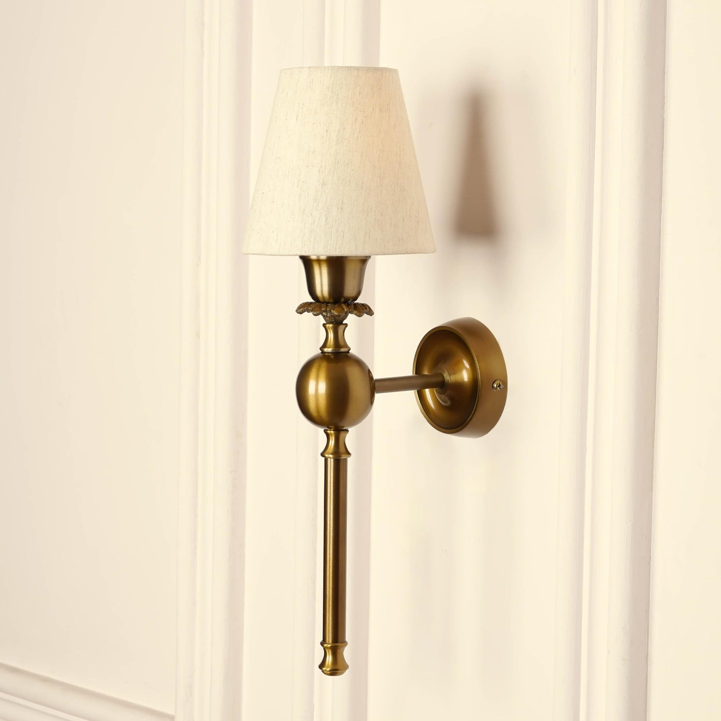 Divine Trends Brass Antique Finish Wall Lamp with Off White Cotton Fabric Shade for Bedroom, Living Room, Home Decoration Pack of 1 Wall Light