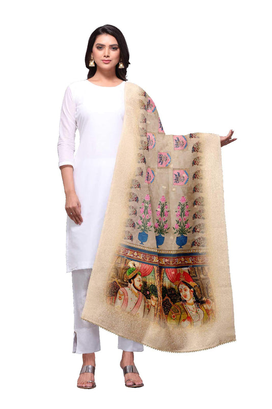 SAMEEHA Women's Printed Silk Cotton Dupatta (SMDP-3114_Beige_Free Size)